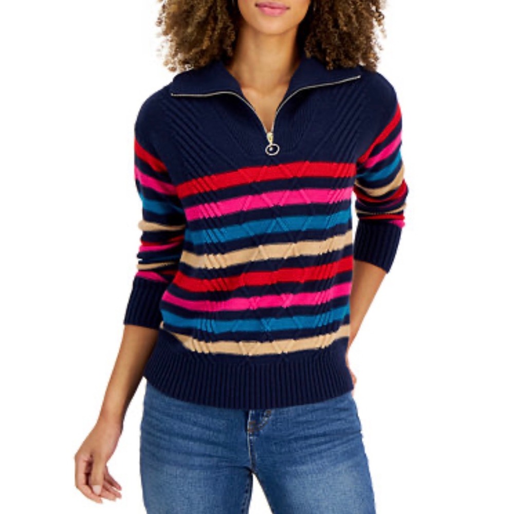 Charter‎ Club Navy Multi Stripe Quarter Zip Ribbed Knit Sweater Women PM